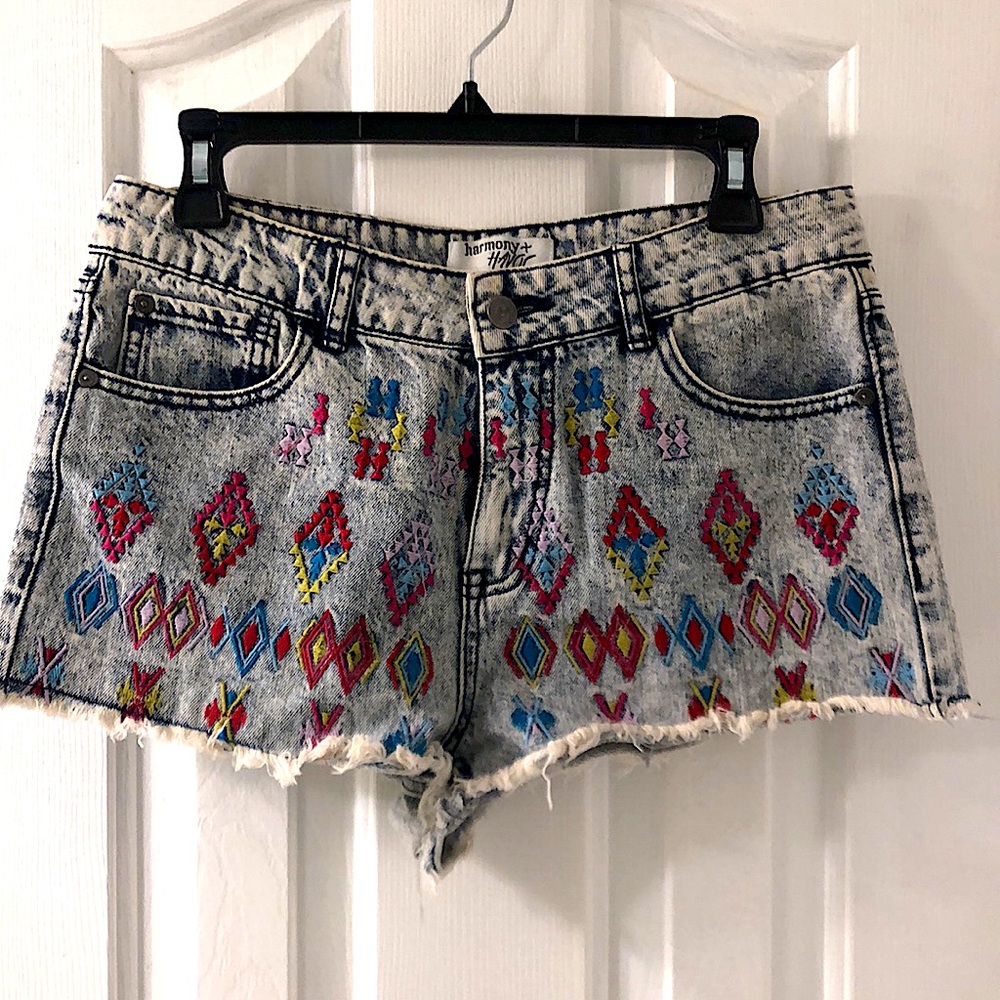 High waisted Jean shorts with patterns.